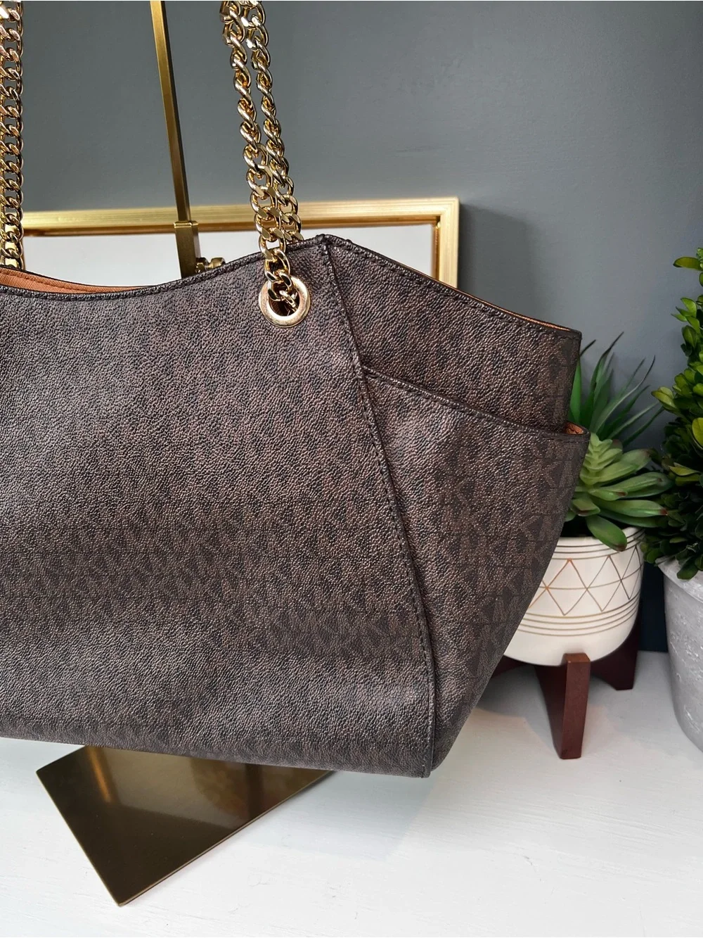 Michael Kors Jet Set Travel Brown Signature Logo Chain Shoulder Tote Bag